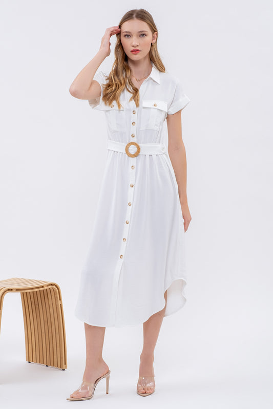 White Belted Button Down Dress