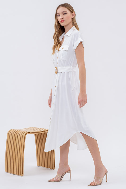 White Belted Button Down Dress