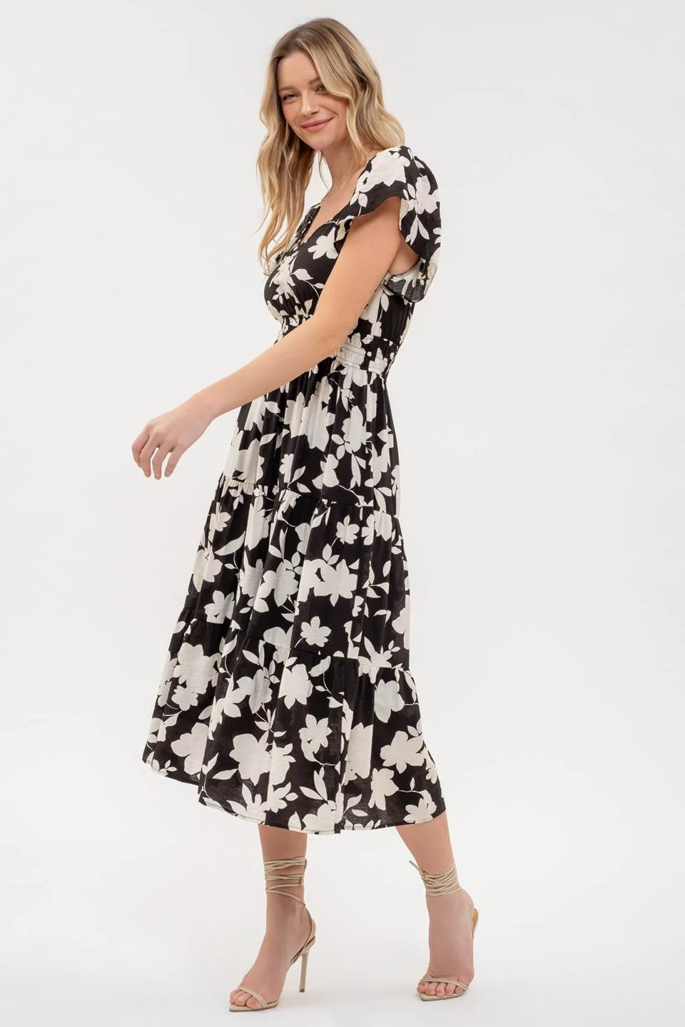Flounce Sleeve Tiered Floral Dress