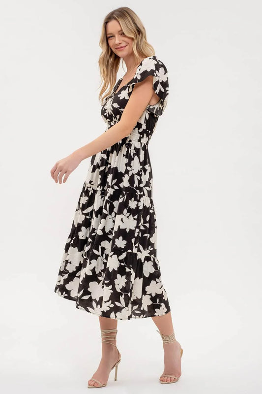 Flounce Sleeve Tiered Floral Dress
