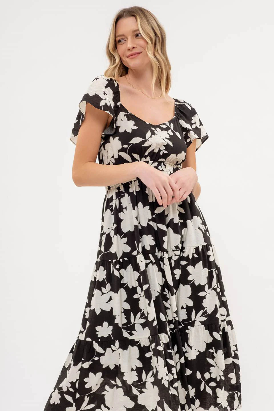 Flounce Sleeve Tiered Floral Dress