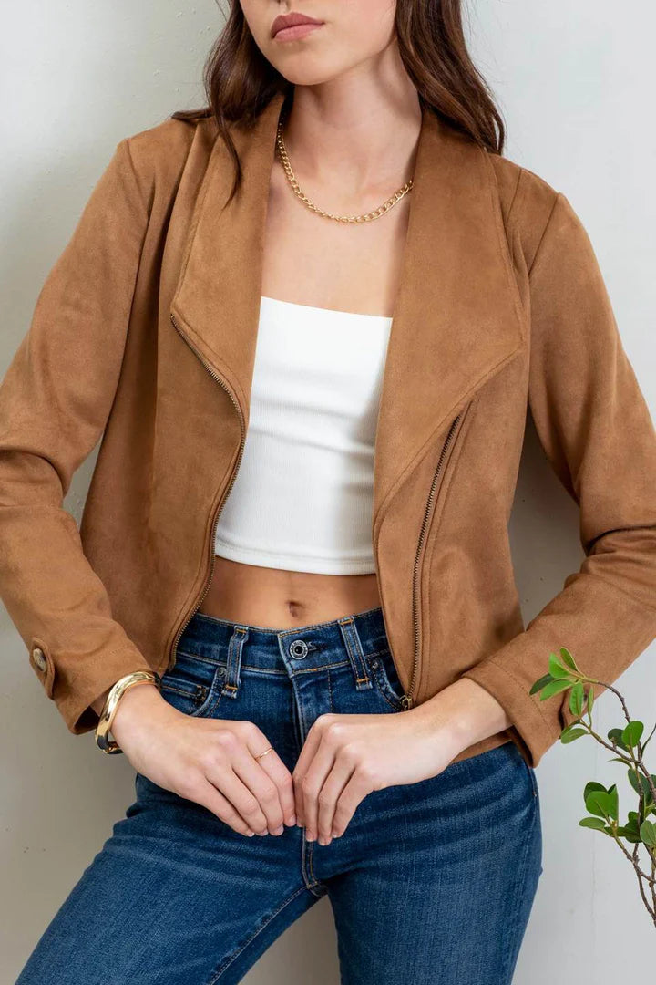 Faux Suede Zip Jacket - Camel