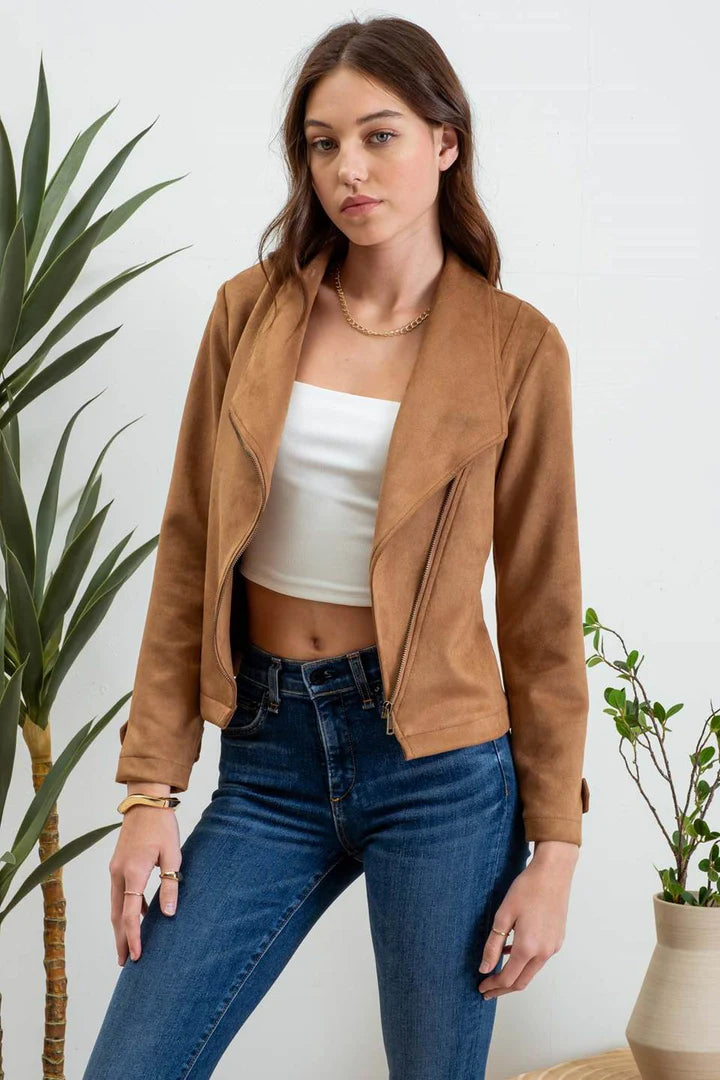 Faux Suede Zip Jacket - Camel