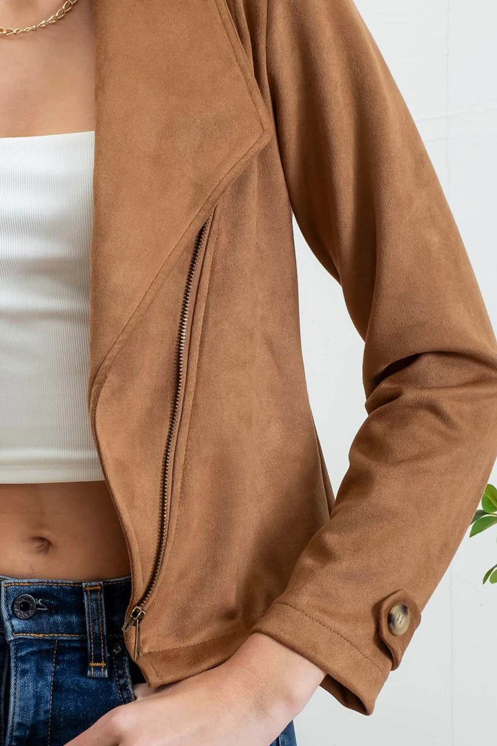 Faux Suede Zip Jacket - Camel