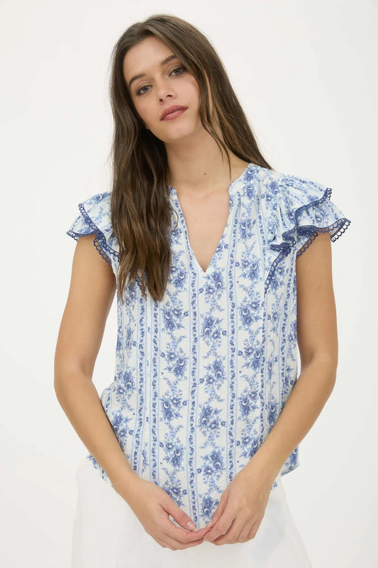 Striped Floral Ruffle Sleeve Top