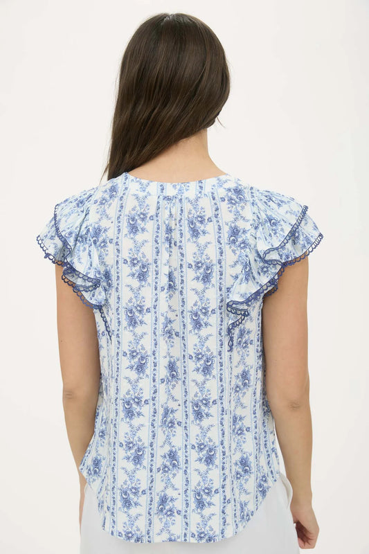 Striped Floral Ruffle Sleeve Top