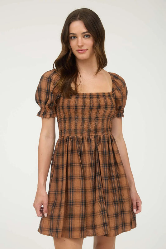 Plaid Puff Sleeve Midi Dress
