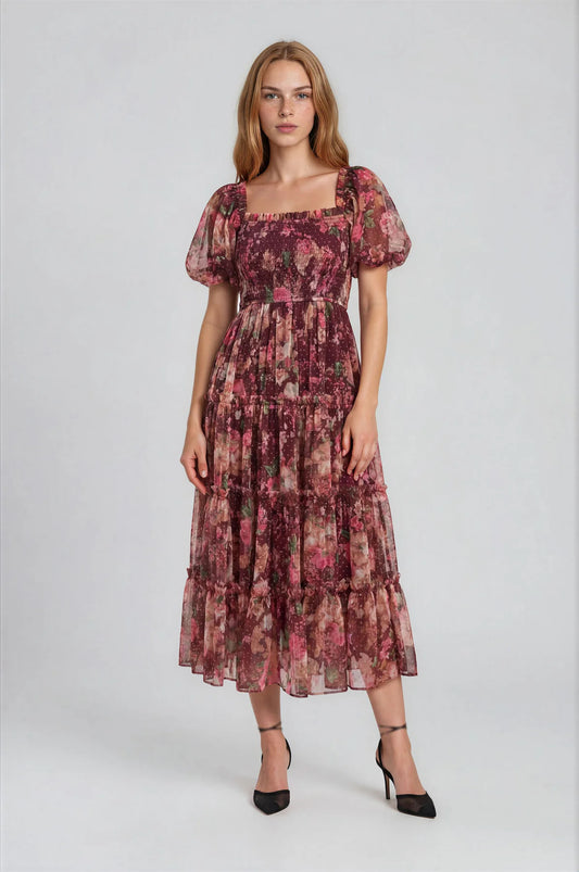 Puff Sleeve Ruffle Dress