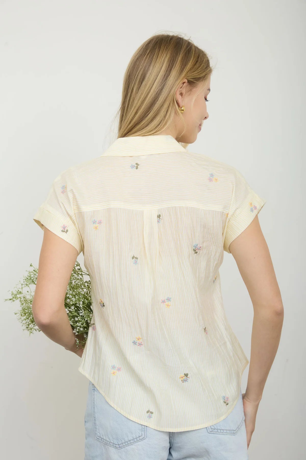 Floral Embroidery Pinstripe Top