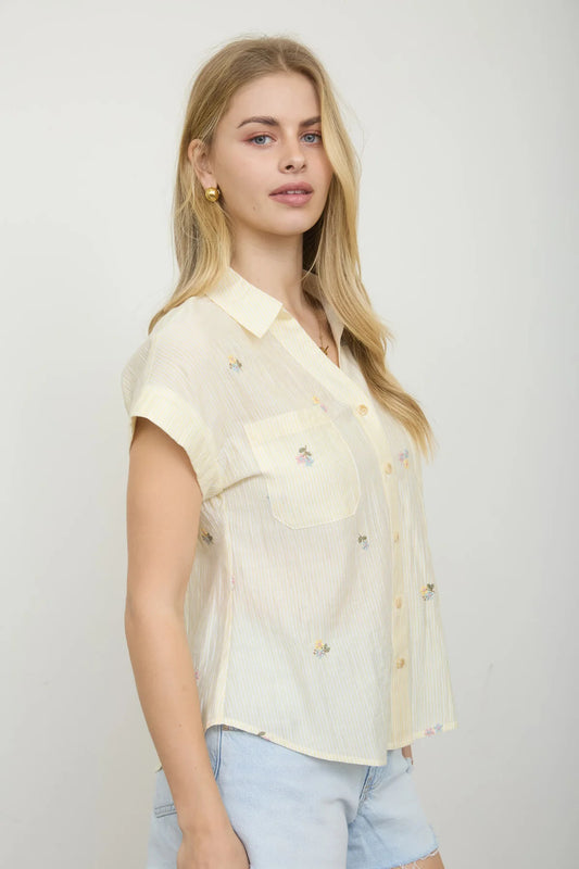 Floral Embroidery Pinstripe Top