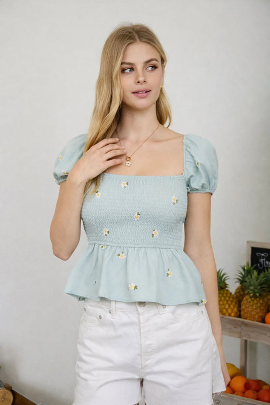 Floral Embroidered Puff Sleeve Top
