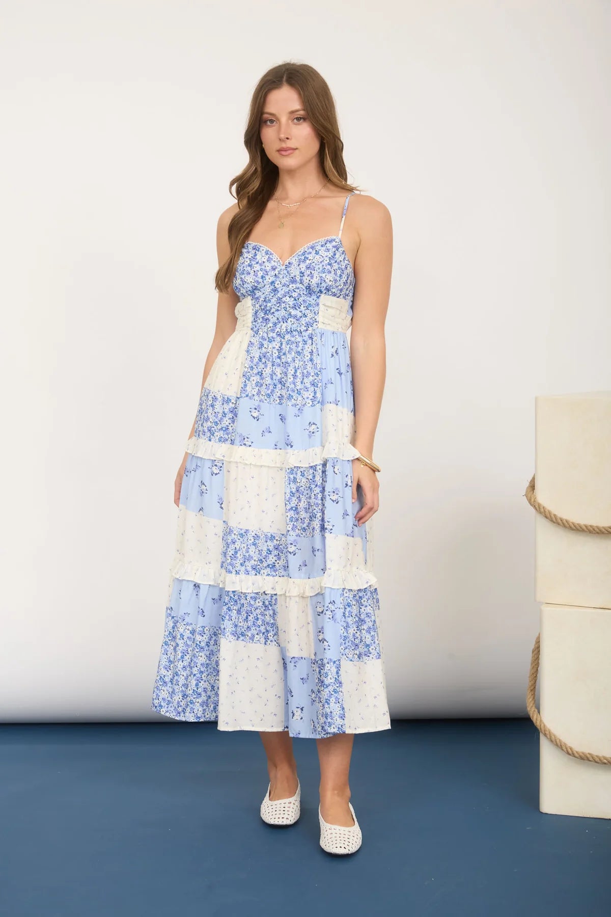 Ruffle Trim Checkered Midi Dress