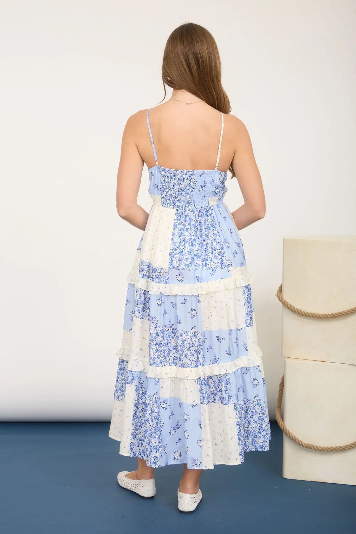 Ruffle Trim Checkered Midi Dress