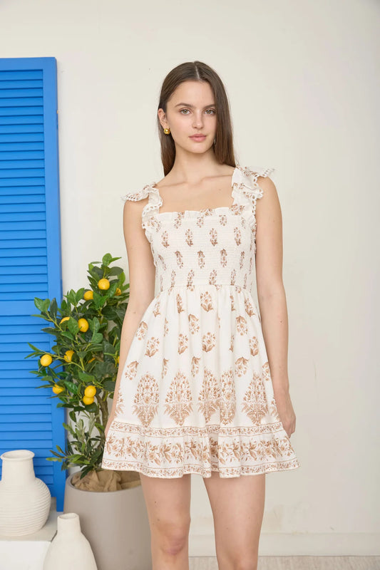 Floral Border Smocked Dress