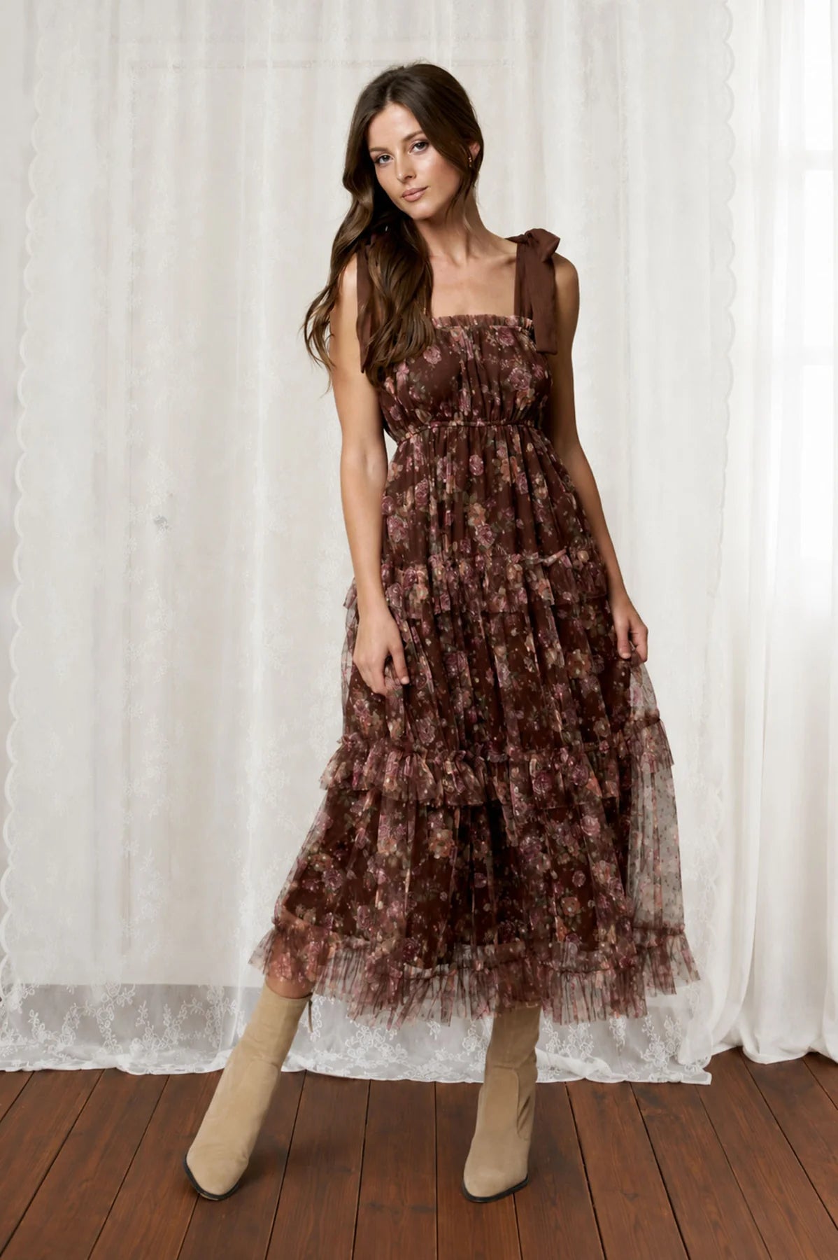 Chiffon Tie Strap Tiered Dress