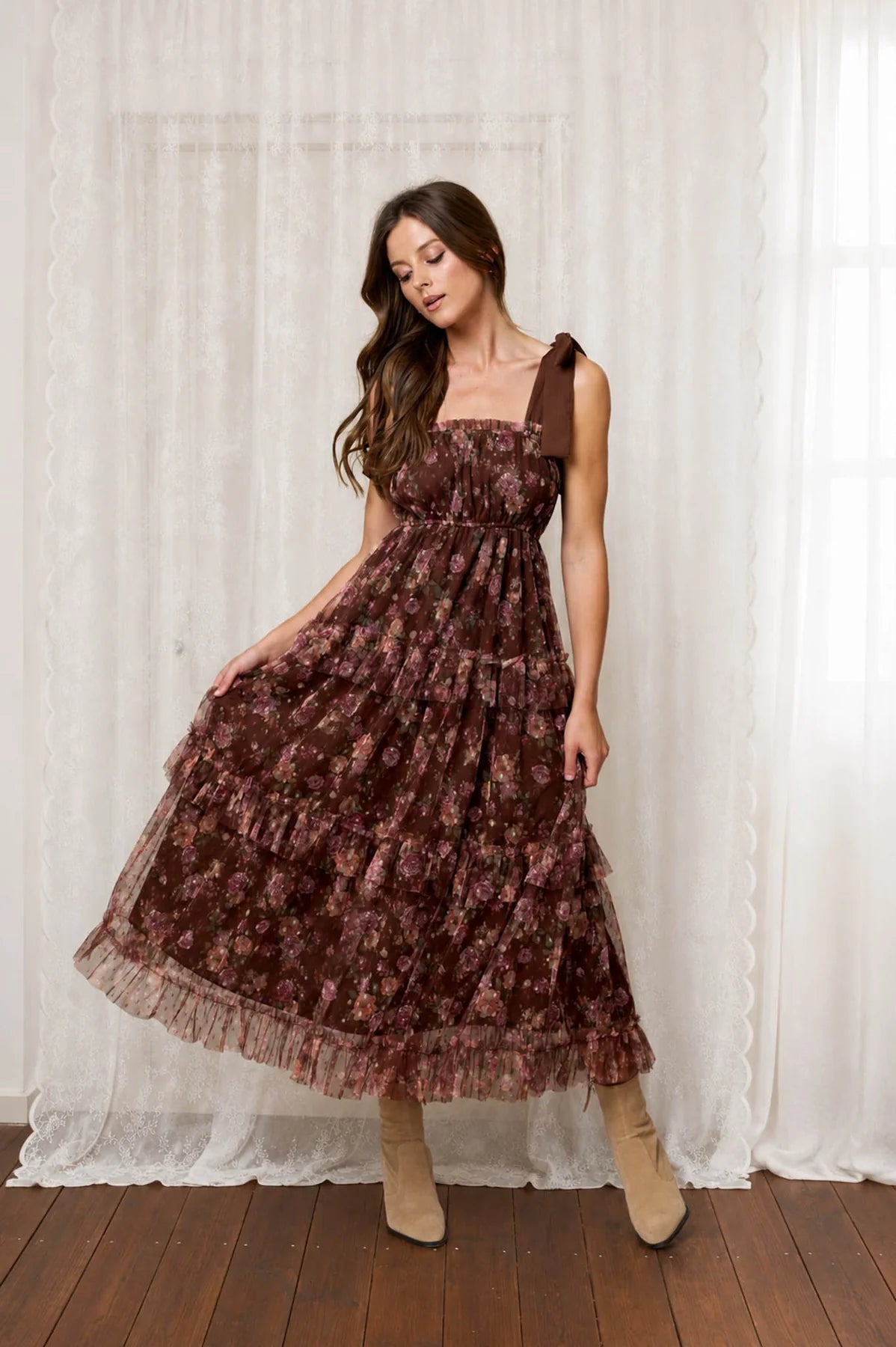Chiffon Tie Strap Tiered Dress