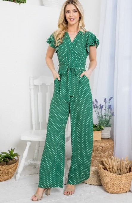 Green Polka Dot Tie Waist Jumpsuit