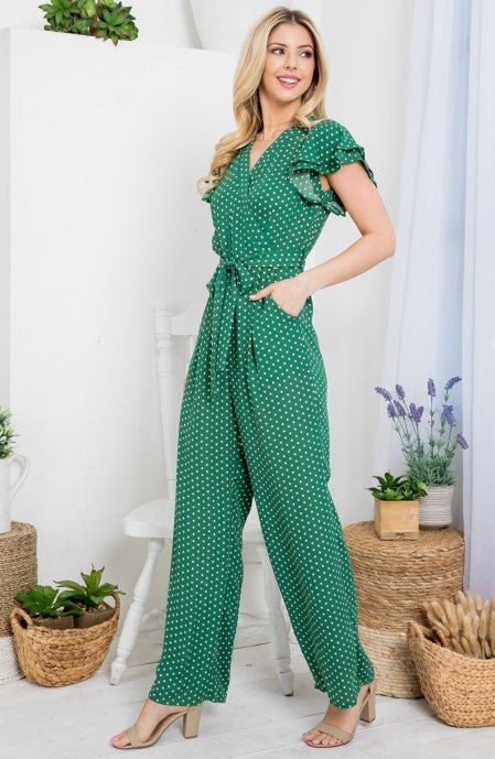 Green Polka Dot Tie Waist Jumpsuit