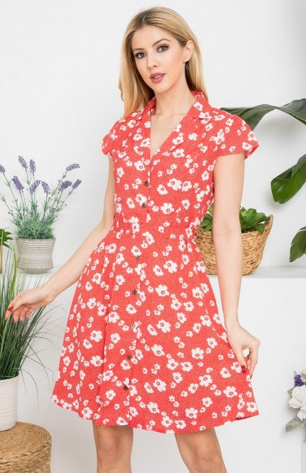 Red Button Down Floral Print Short Sleeve Dress