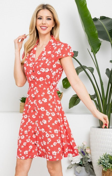 Red Button Down Floral Print Short Sleeve Dress