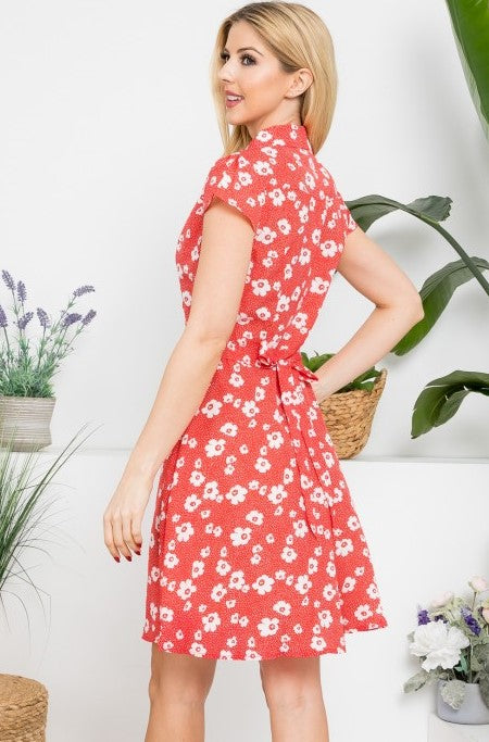 Red Button Down Floral Print Short Sleeve Dress