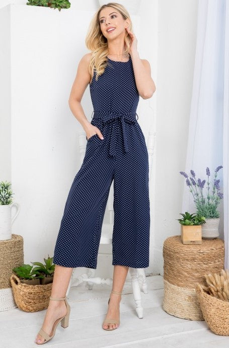 Navy Polka Dot Waist Tie Jumpsuit
