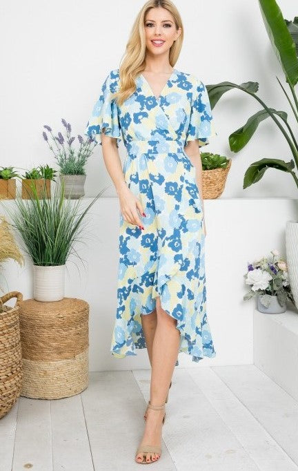 Blue Floral Print Wrap Dress