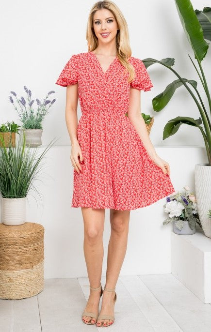 Short Sleeve Red Floral Dress