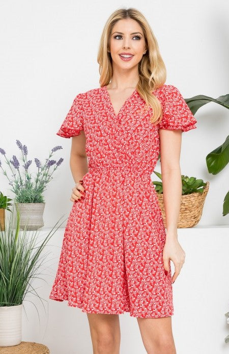 Short Sleeve Red Floral Dress