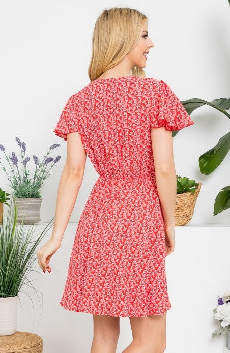 Short Sleeve Red Floral Dress