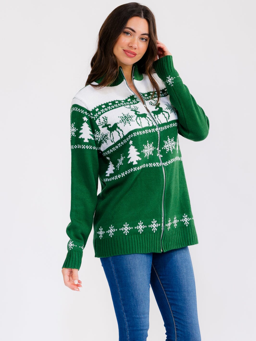 Deer-Tree Zip Sweater - Green
