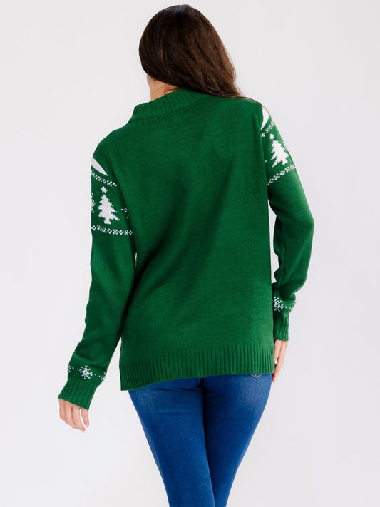Deer-Tree Zip Sweater - Green