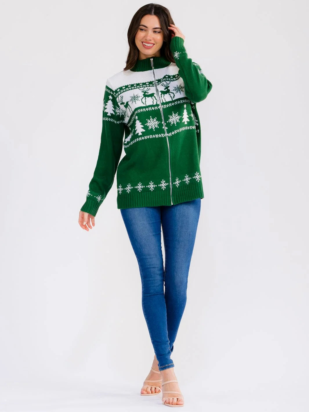 Deer-Tree Zip Sweater - Green