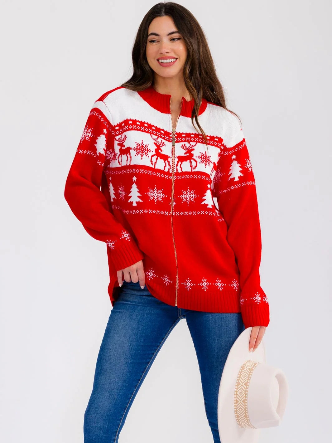 Deer-Tree Zip Sweater - Red