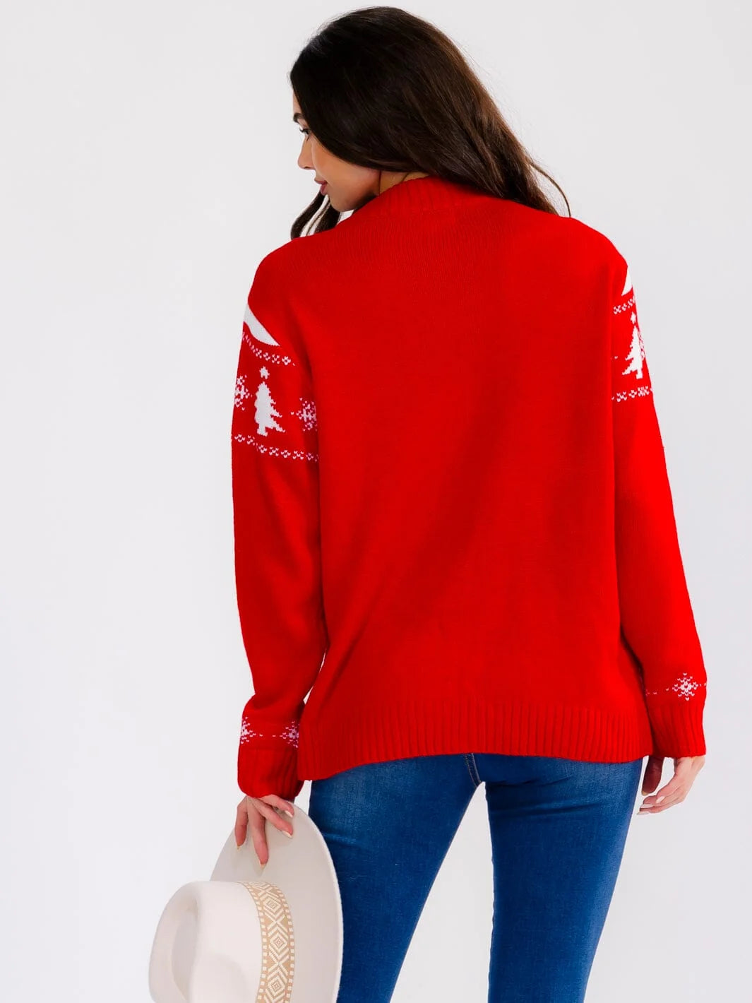 Deer-Tree Zip Sweater - Red