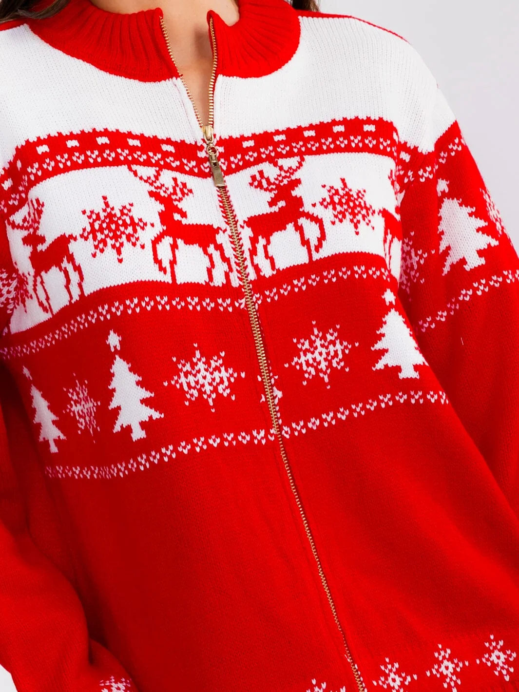 Deer-Tree Zip Sweater - Red