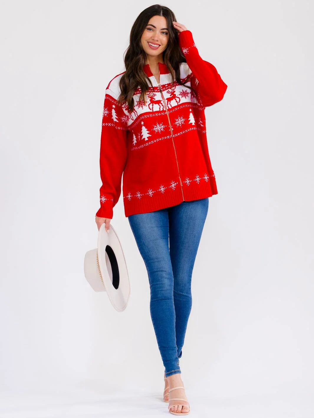 Deer-Tree Zip Sweater - Red