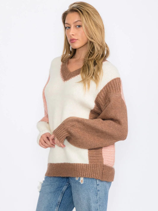 Soft Colorblock V-Neck Sweater