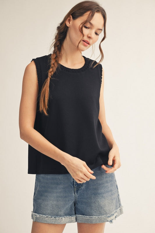 Ruffle Trim Tank - Black