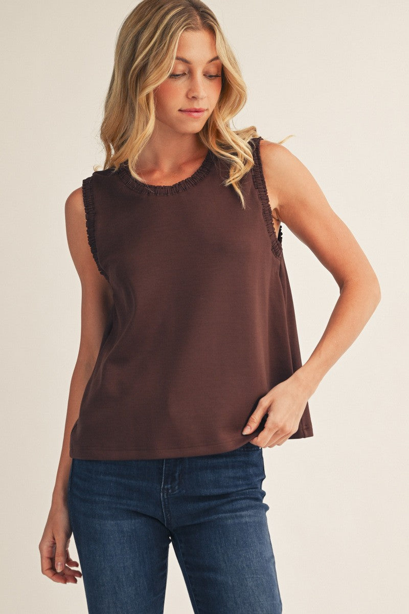 Ruffle Trim Tank - Brown