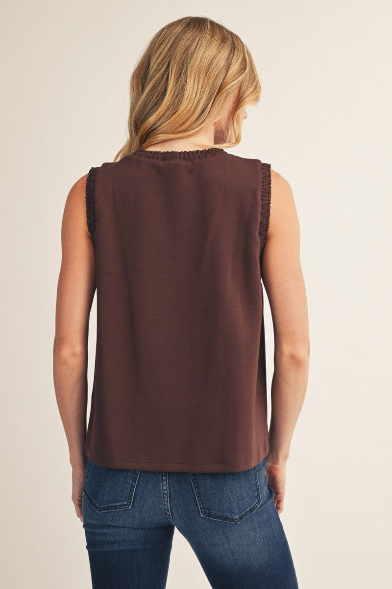 Ruffle Trim Tank - Brown