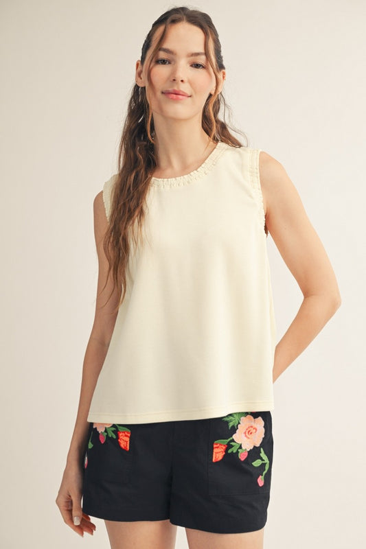 Ruffle Trim Tank - Ivory