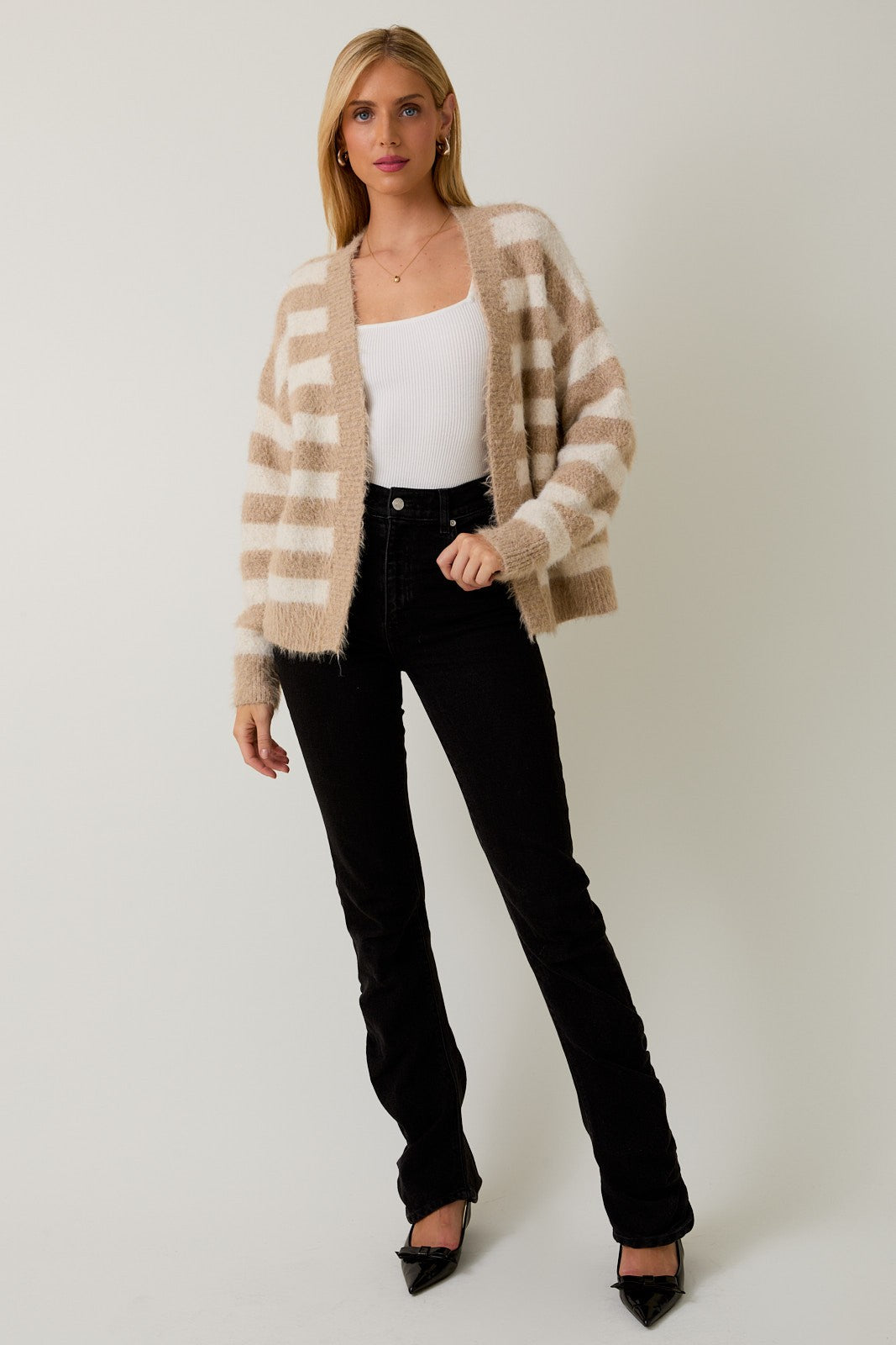 Fuzzy Taupe Stripe Cardigan