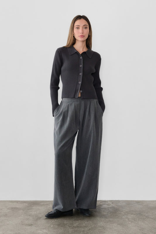 Button Closure Rib Knit Sweater - Charcoal