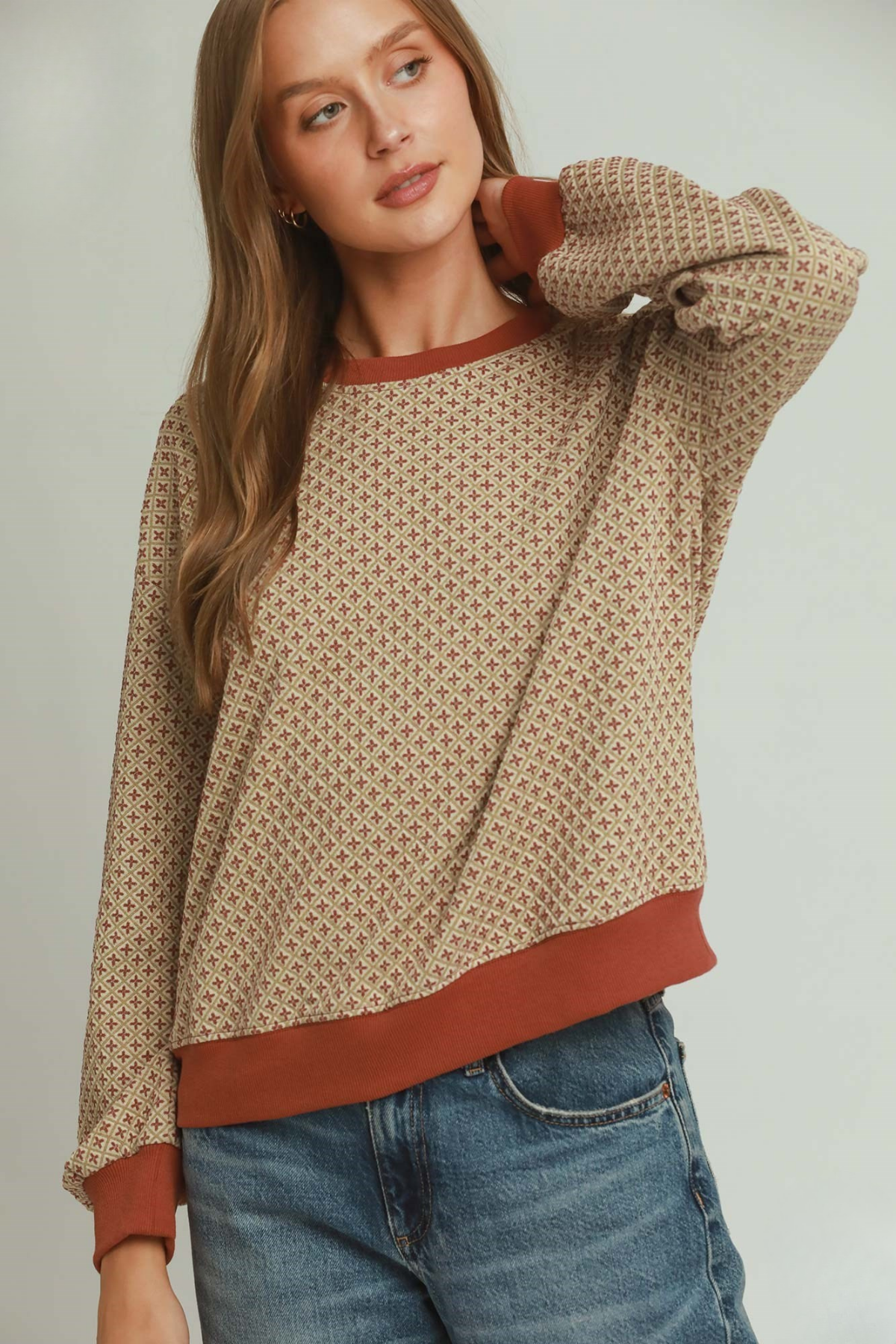 Geometric Contrast Trim Sweater