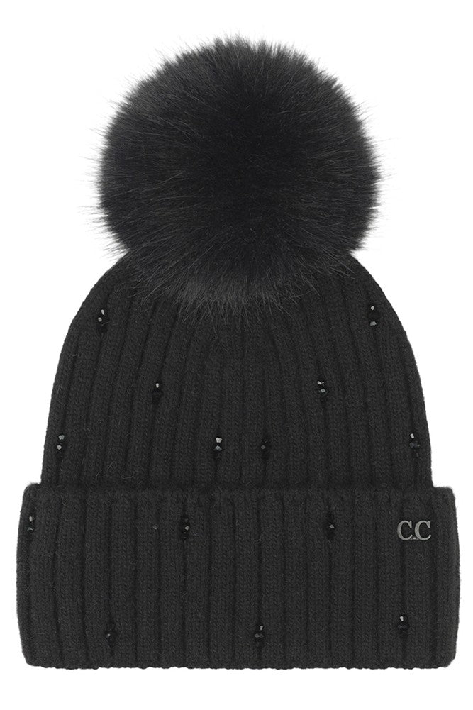 Beaded Pom Pom Beanie - Black
