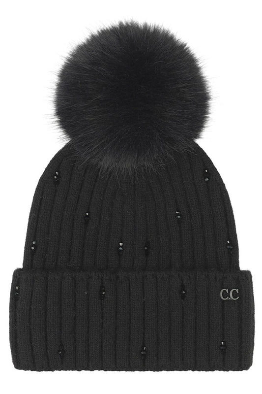 Beaded Pom Pom Beanie - Black