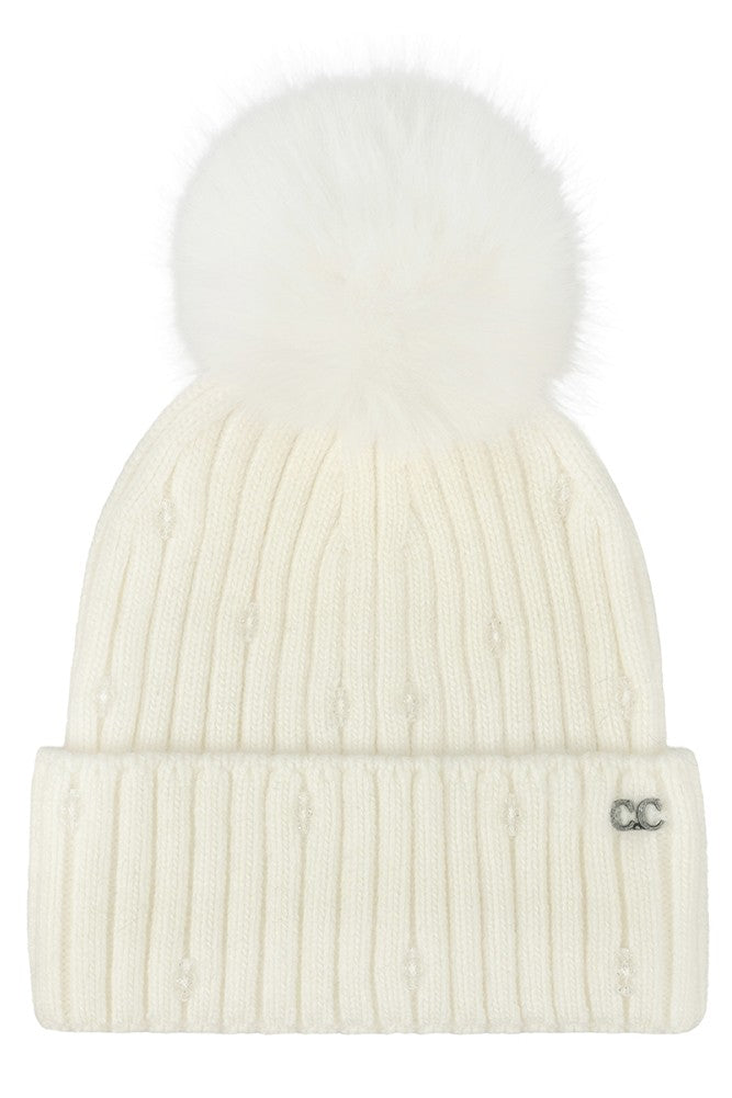 Beaded Pom Pom Beanie - Ivory