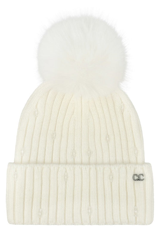 Beaded Pom Pom Beanie - Ivory