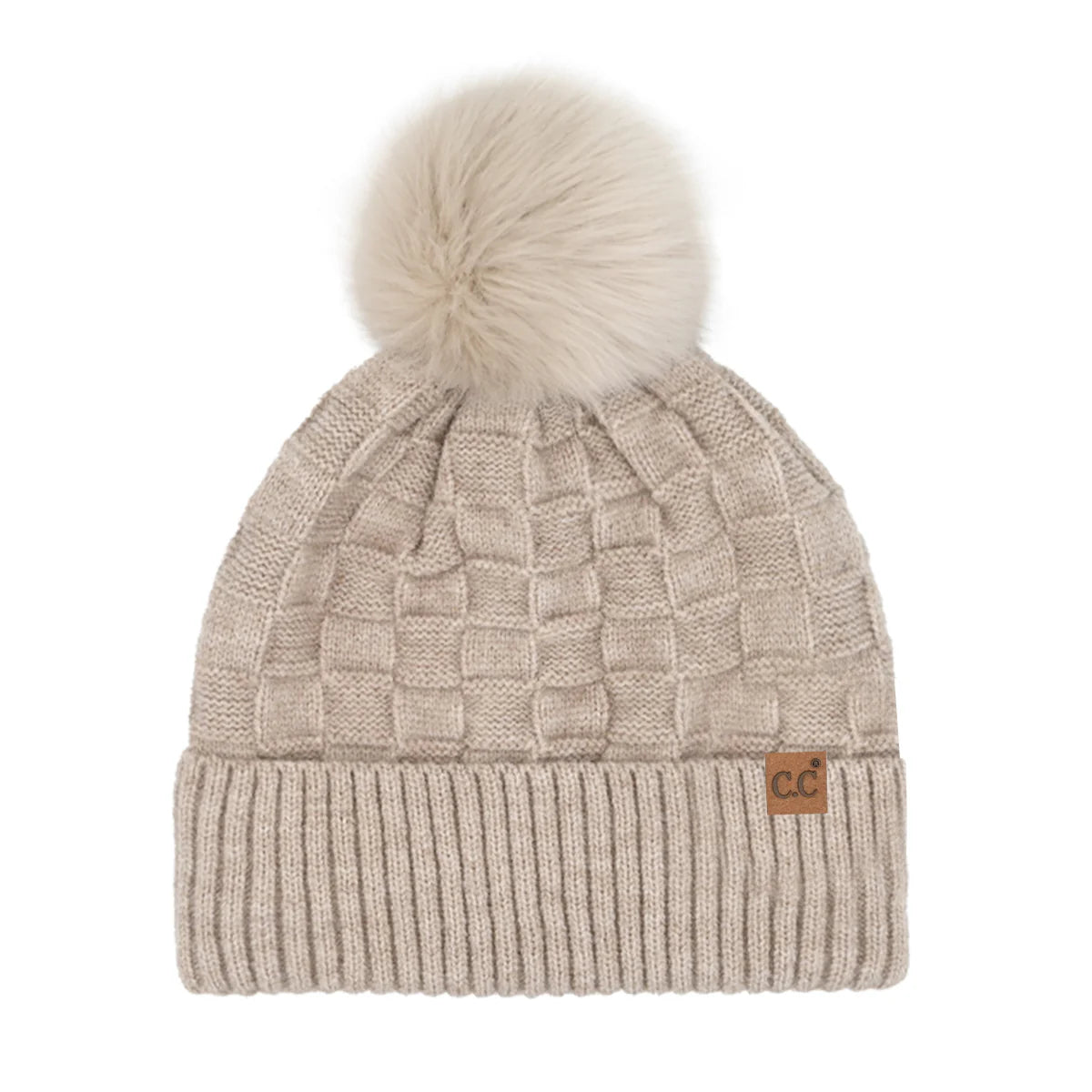 Woven Checkered Pom Pom Beanie - Beige
